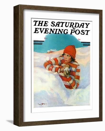 "Snowball Fight," Saturday Evening Post Cover, February 18, 1928-Penrhyn Stanlaws-Framed Giclee Print