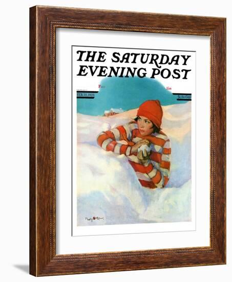 "Snowball Fight," Saturday Evening Post Cover, February 18, 1928-Penrhyn Stanlaws-Framed Giclee Print