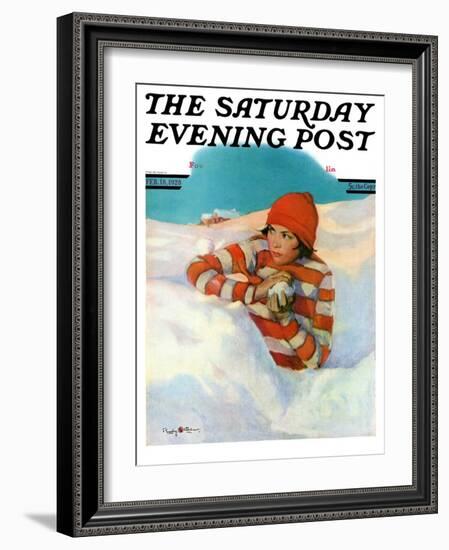 "Snowball Fight," Saturday Evening Post Cover, February 18, 1928-Penrhyn Stanlaws-Framed Giclee Print