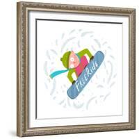 Snowboard Funky Free Rider Jump Fun Cartoon. Cool Snowboarding Winter Exercise Fun Extreme Sport. C-Popmarleo-Framed Art Print