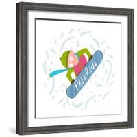Snowboard Funky Free Rider Jump Fun Cartoon. Cool Snowboarding Winter Exercise Fun Extreme Sport. C-Popmarleo-Framed Art Print
