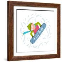 Snowboard Funky Free Rider Jump Fun Cartoon. Cool Snowboarding Winter Exercise Fun Extreme Sport. C-Popmarleo-Framed Art Print