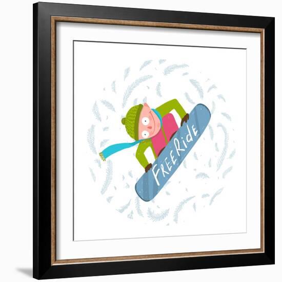 Snowboard Funky Free Rider Jump Fun Cartoon. Cool Snowboarding Winter Exercise Fun Extreme Sport. C-Popmarleo-Framed Art Print