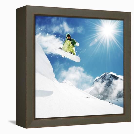 Snowboarder At Jump Inhigh Mountains At Sunny Day-dellm60-Framed Premier Image Canvas