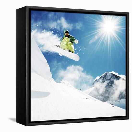 Snowboarder At Jump Inhigh Mountains At Sunny Day-dellm60-Framed Premier Image Canvas