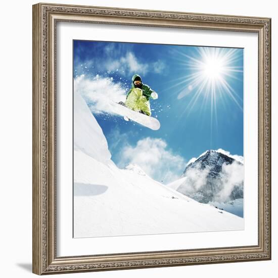 Snowboarder At Jump Inhigh Mountains At Sunny Day-dellm60-Framed Photographic Print