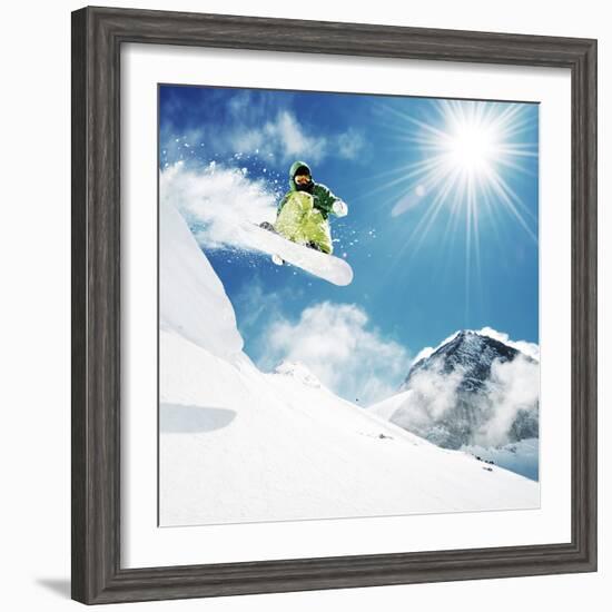 Snowboarder At Jump Inhigh Mountains At Sunny Day-dellm60-Framed Photographic Print