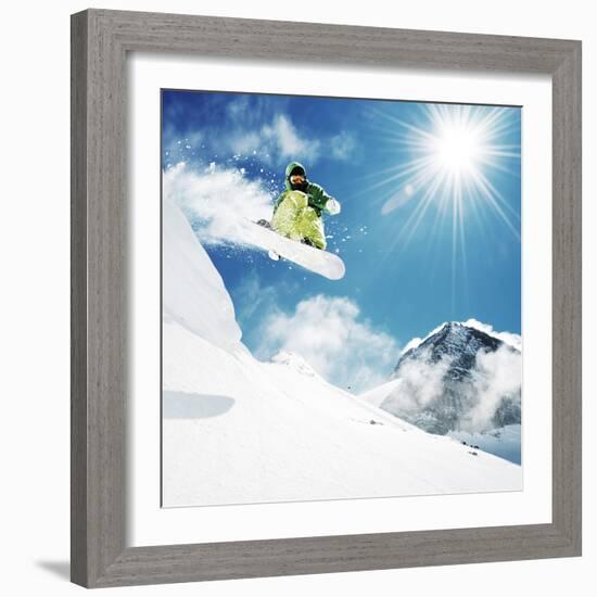 Snowboarder At Jump Inhigh Mountains At Sunny Day-dellm60-Framed Photographic Print