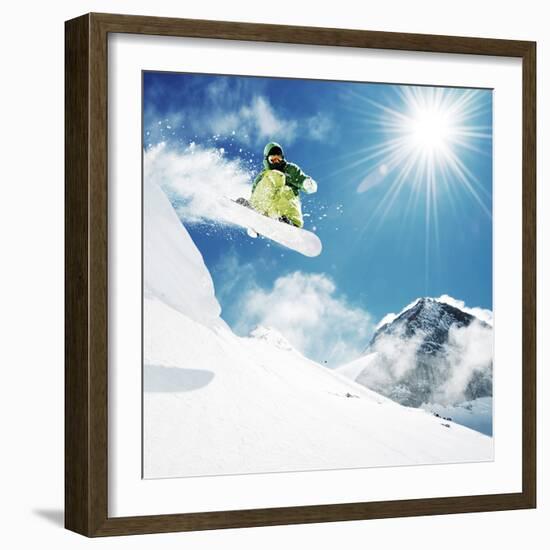 Snowboarder At Jump Inhigh Mountains At Sunny Day-dellm60-Framed Photographic Print