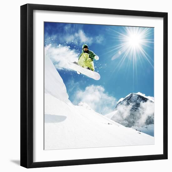 Snowboarder At Jump Inhigh Mountains At Sunny Day-dellm60-Framed Photographic Print