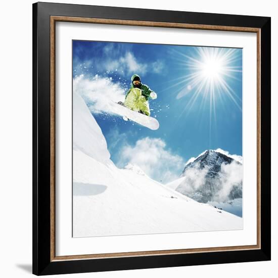 Snowboarder At Jump Inhigh Mountains At Sunny Day-dellm60-Framed Photographic Print