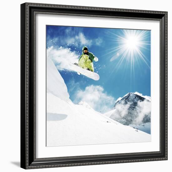 Snowboarder At Jump Inhigh Mountains At Sunny Day-dellm60-Framed Photographic Print