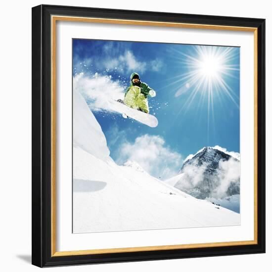 Snowboarder At Jump Inhigh Mountains At Sunny Day-dellm60-Framed Photographic Print