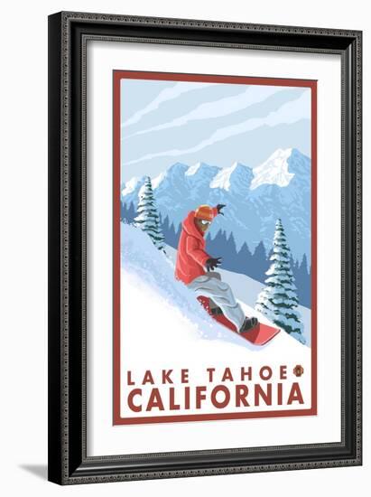 Snowboarder Scene, Lake Tahoe, California-Lantern Press-Framed Premium Giclee Print