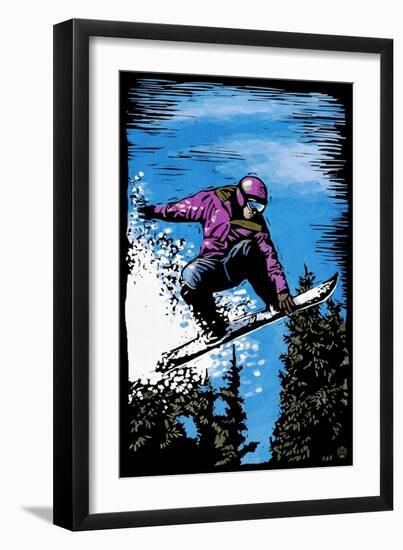 Snowboarder - Scratchboard-Lantern Press-Framed Art Print