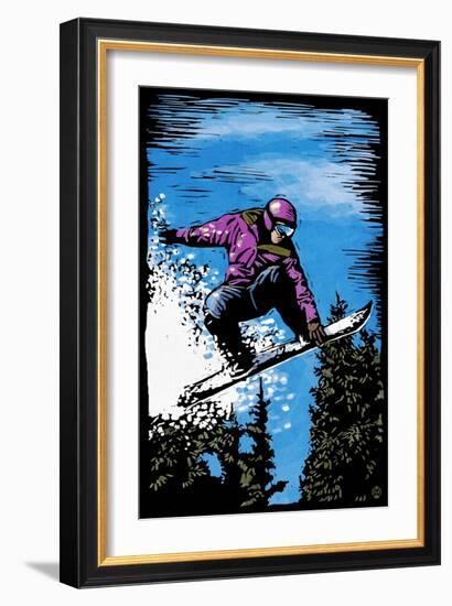 Snowboarder - Scratchboard-Lantern Press-Framed Art Print