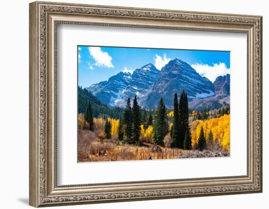 Snowcapped Maroon Bells-Snowmass Wilderness in autumn.-Mallorie Ostrowitz-Framed Photographic Print