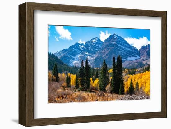 Snowcapped Maroon Bells-Snowmass Wilderness in autumn.-Mallorie Ostrowitz-Framed Photographic Print