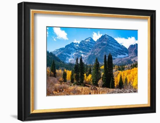 Snowcapped Maroon Bells-Snowmass Wilderness in autumn.-Mallorie Ostrowitz-Framed Photographic Print