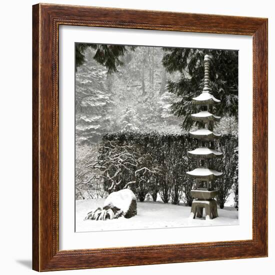 Snowfall in Portland Japanese Garden, Portland, Oregon, USA-William Sutton-Framed Photographic Print