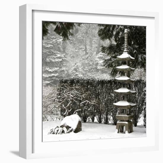 Snowfall in Portland Japanese Garden, Portland, Oregon, USA-William Sutton-Framed Photographic Print