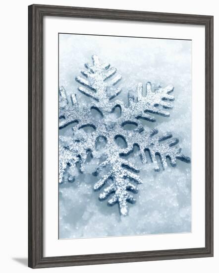 Snowflake Shaped Christmas Ornament Lying in the Snow-null-Framed Photographic Print