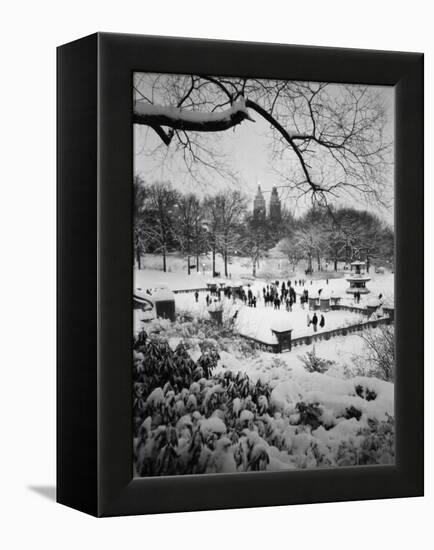 Snowing Evening Central Park, NYC-Walter Bibikow-Framed Premier Image Canvas