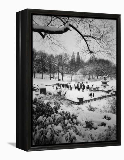 Snowing Evening Central Park, NYC-Walter Bibikow-Framed Premier Image Canvas