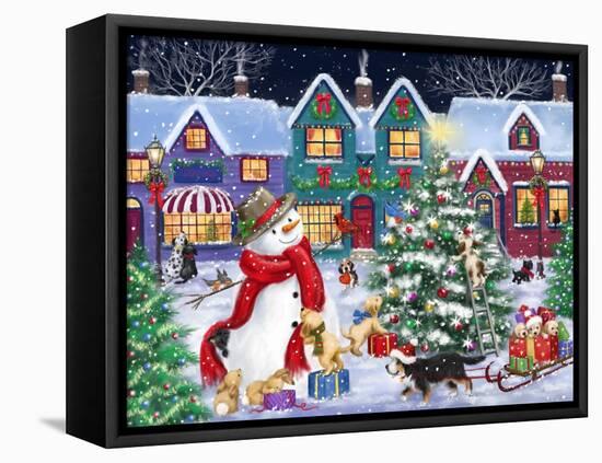 Snowman and Dogs Christmas Street-MAKIKO-Framed Premier Image Canvas