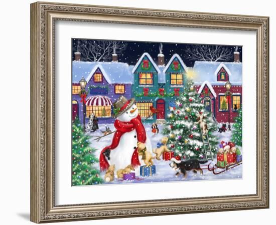 Snowman and Dogs Christmas Street-MAKIKO-Framed Giclee Print