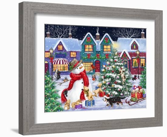Snowman and Dogs Christmas Street-MAKIKO-Framed Giclee Print
