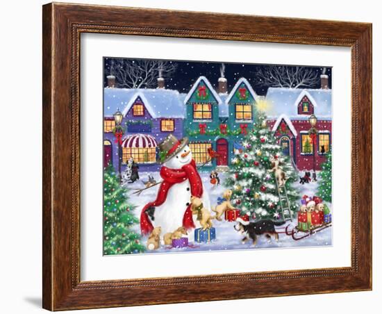 Snowman and Dogs Christmas Street-MAKIKO-Framed Giclee Print