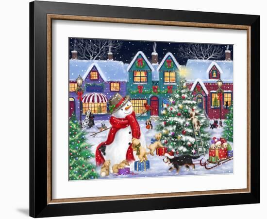 Snowman and Dogs Christmas Street-MAKIKO-Framed Giclee Print