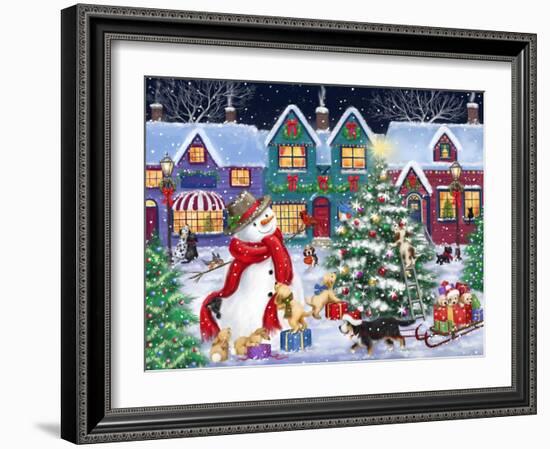 Snowman and Dogs Christmas Street-MAKIKO-Framed Giclee Print