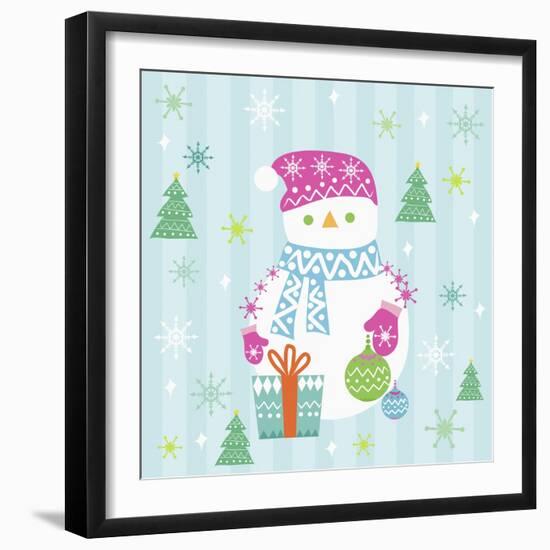 Snowman and Gift with Blue Background-null-Framed Giclee Print