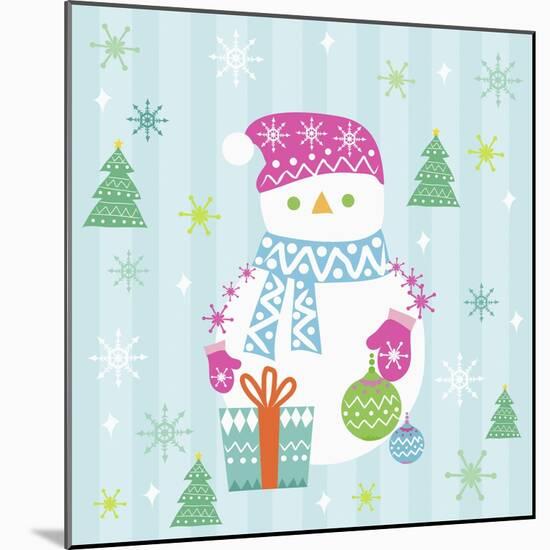 Snowman and Gift with Blue Background-null-Mounted Giclee Print