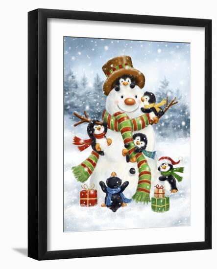 Snowman and Joyful Penguins-MAKIKO-Framed Giclee Print