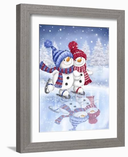Snowman Couple Skating-MAKIKO-Framed Giclee Print