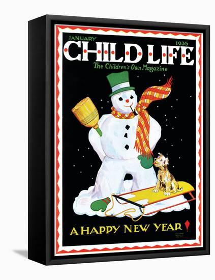 Snowman & Dog - Child Life, January 1935-Eleanor Mussey Young-Framed Premier Image Canvas