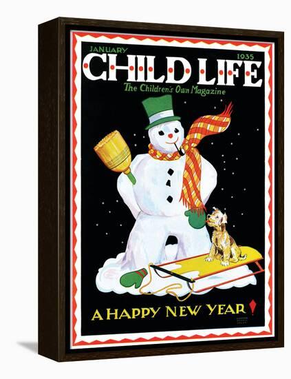 Snowman & Dog - Child Life, January 1935-Eleanor Mussey Young-Framed Premier Image Canvas