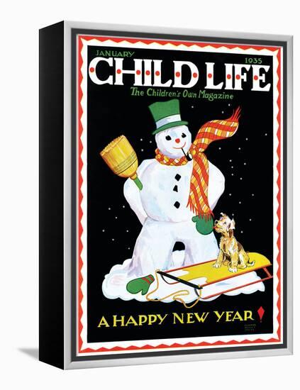 Snowman & Dog - Child Life, January 1935-Eleanor Mussey Young-Framed Premier Image Canvas