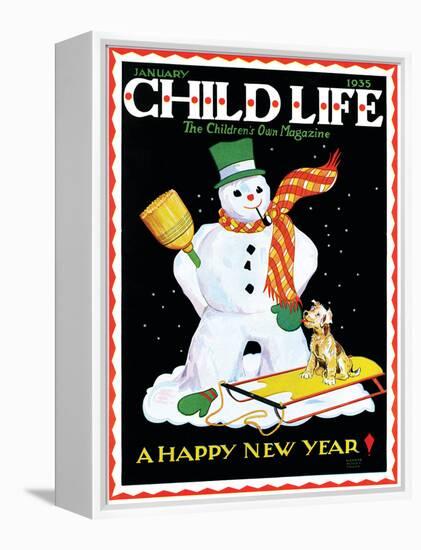 Snowman & Dog - Child Life, January 1935-Eleanor Mussey Young-Framed Premier Image Canvas