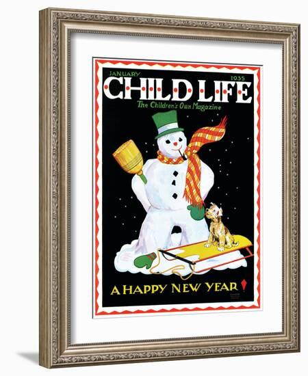 Snowman & Dog - Child Life, January 1935-Eleanor Mussey Young-Framed Giclee Print