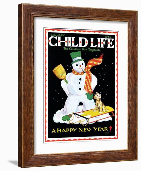 Snowman & Dog - Child Life, January 1935-Eleanor Mussey Young-Framed Giclee Print