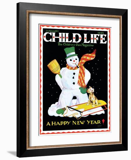 Snowman & Dog - Child Life, January 1935-Eleanor Mussey Young-Framed Giclee Print