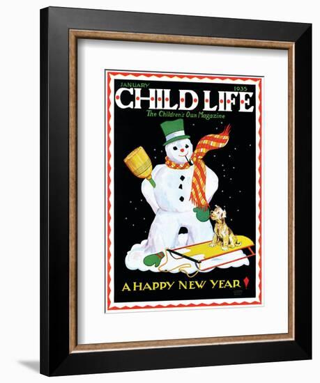 Snowman & Dog - Child Life, January 1935-Eleanor Mussey Young-Framed Giclee Print