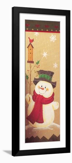 Snowman Holding a Holly Branch with a Bird House on Top of it Red Bird-Beverly Johnston-Framed Giclee Print