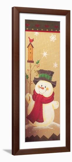 Snowman Holding a Holly Branch with a Bird House on Top of it Red Bird-Beverly Johnston-Framed Giclee Print