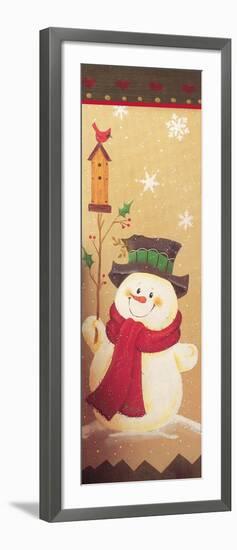 Snowman Holding a Holly Branch with a Bird House on Top of it Red Bird-Beverly Johnston-Framed Giclee Print