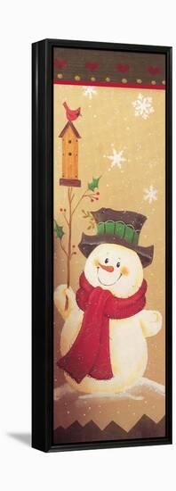 Snowman Holding a Holly Branch with a Bird House on Top of it Red Bird-Beverly Johnston-Framed Premier Image Canvas